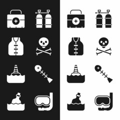 Poster - Set Skull on crossbones, Life jacket, First aid kit, Aqualung, Floating buoy, Dead fish, Diving mask and snorkel and Bottle with message water icon. Vector