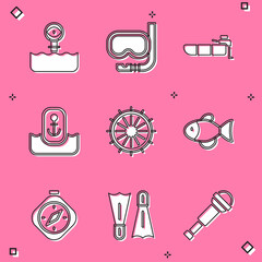 Poster - Set Periscope, Diving mask and snorkel, Inflatable boat with motor, Location anchor, Ship steering wheel, Fish, Compass and Flippers for swimming icon. Vector