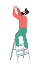 Poster - Handyman on ladder semi flat color vector character. Stand figure. Full body person on white. Indoor household activity isolated modern cartoon style illustration for graphic design and animation