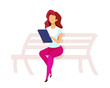 © The img - Woman work on tablet outdoor semi flat color vector character. Sitting figure. Full body person on white. Remote job isolated modern cartoon style illustration for graphic design and animation