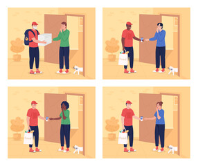 Poster - Morning delivery to door flat color vector illustration set. Giving coffee to sleepy customer. Courier welcomed by customer 2D cartoon characters with interior on background bundle