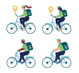 Poster - Delivery worker on bicycle semi flat color vector character set. Posing figure. Full body people on white. Shipment isolated modern cartoon style illustration for graphic design and animation bundle