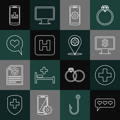 Poster - Set line Like and heart, Medical cross in circle, Monitor with dollar, Setting smartphone, Hospital, Heart speech bubble, Smartphone download and location icon. Vector