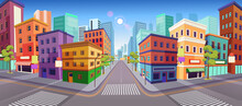 Panorama City Building Houses With Shops: Boutique, Cafe, Bookstore, Mall Crossing And Traffic Light .Vector Illustration In Cartooon Style.