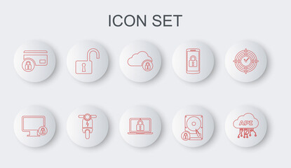 Fototapete - Set line Cloud api interface, Lock on monitor, computing lock, Hard disk drive and, Credit card with, Open padlock, Electric scooter and Laptop icon. Vector