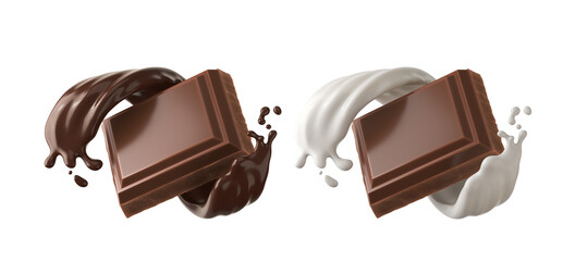 Wall Mural - dark chocolate bar icon with milk and chocolate cream splash, 3d illustration.