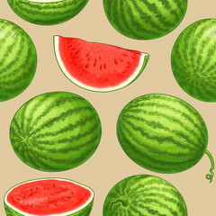 Sticker - watermelon vector pattern on color background