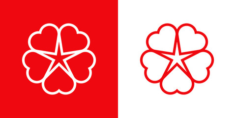 Poster - Logotipo con 5 corazones con forma de flor con líneas en fondo rojo y fondo blanco