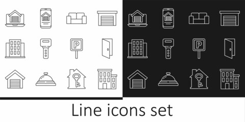 Sticker - Set line House, Closed door, Sofa, key, Online real estate house, Parking and icon. Vector