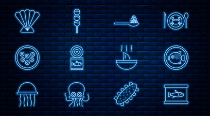 Set line Canned fish, Puffer on plate, Caviar spoon, Scallop sea shell, Shark fin soup and Takoyaki stick icon. Vector