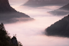 View From Eichfelsen Rock Into Danube Gorge At Sunrise, Upper Danube Nature Park, Swabian Alps, Baden-Wurttemberg