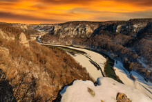 View From Eichfelsen Rock Into Danube Gorge And Werenwag Castle At Sunset, Upper Danube Nature Park, Swabian Alps, Baden-Wurttemberg