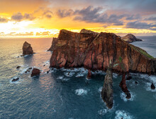 Burning Sky At Dawn On Cliffs Washed By Ocean, Ponta Do Rosto Viewpoint, Sao Lourenco Peninsula, Madeira Island, Portugal, Atlantic