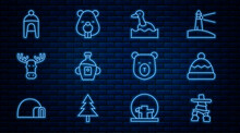Set Line Inukshuk, Beanie Hat, Flying Duck, Maple Syrup, Moose Head With Horns, Winter, Bear And Beaver Animal Icon. Vector