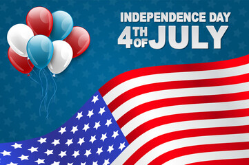 Wall Mural - 4th of July United States national Independence Day celebration background with American flag and balloons. Vector illustration.