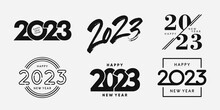 Big Set Of 2023 Happy New Year Logo Text Design. 2023 Number Design Template. Collection Of 2023 Happy New Year Symbols. Vector Illustration With Black Labels Isolated On White Background. 