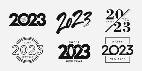 Big Set of 2023 Happy New Year logo text design. 2023 number design template. Collection of 2023 Happy New Year symbols. Vector illustration with black labels isolated on white background. 
