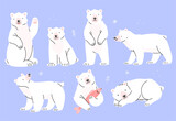 Fototapeta Pokój dzieciecy - Set of polar bears characters in cute cartoon style. Vector isolated illustration.