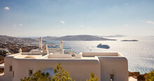 View Over Mykonos With Cruise Ship And Delos Island In The Back, Mykonos, Cyclades, Greek Islands