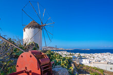 View Of Whitewashed Windmill Overlooking Town, Mykonos Town, Mykonos, Cyclades Islands, Greek Islands, Aegean Sea