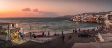 View Of Little Venice In Mykonos Town At Sunset, Mykonos, Cyclades Islands, Greek Islands, Aegean Sea