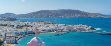 Elevated View Of Hilltop Chapel, Flour Mills And Town, Mykonos Town, Mykonos, Cyclades Islands, Greek Islands, Aegean Sea