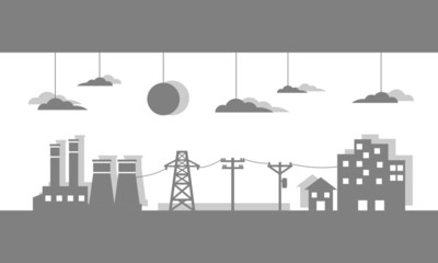 Power plant generates electricity to transmit electricity to power electric poles and house city on grey background paper cut icon flat vector design.