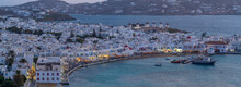 View Of Windmills And Town From Elevated View Point At Dusk, Mykonos Town, Mykonos, Cyclades Islands, Greek Islands, Aegean Sea