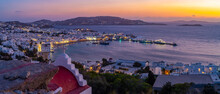 View Of Chapel And Town From Elevated View Point At Dusk, Mykonos Town, Mykonos, Cyclades Islands, Greek Islands, Aegean Sea