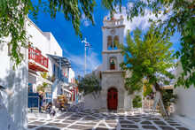View Of Metropolitan Church In Cobbled Street, Mykonos Town, Mykonos, Cyclades Islands, Greek Islands, Aegean Sea