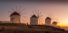 View Of Windmills At Sunset, Mykonos Town, Mykonos, Cyclades Islands, Greek Islands, Aegean Sea