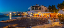 View Of Restaurants In Little Venice And Town At Night, Mykonos Town, Mykonos, Cyclades Islands, Greek Islands, Aegean Sea