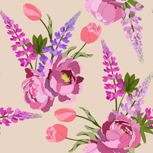 Flowers Tulips, Lupine, Pink Peonies On Beige Background. Seamless Vector Illustration.