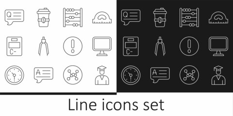 Sticker - Set line Graduate and graduation cap, Computer monitor, Abacus, Drawing compass, Exam paper with incorrect answers, Speech bubbles Question, Exclamation and Coffee cup go icon. Vector