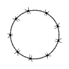 Barbed Wire Circle. Round Wire Frame With Sharp Spikes. Linear Drawing Of Black Color Isolated On White Background. Vector Illustration. Icon, Symbol, Allegory. Prison, Danger, Restricted Area