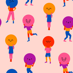 Wall Mural - Playful people holding large circles with faces instead of heads. Big round colorful heads with various Emotions. Different mood concept. Hand drawn Vector seamless Pattern. Background, wallpaper