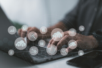 Fototapete - Change management in digital transformation, internet of things. Big data and business process strategy, automated operations, customer service management, cloud computing, and smart industry.