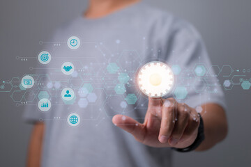 Poster - Diagram of business process management and workflow automation with gears and icons in the background and a connection line network. Manager interacting with the interface.
