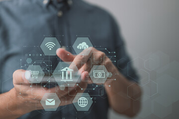 Aufkleber - A man makes a payment via mobile online banking. Mobile banking network, online payment, digital marketing, and business technology are all used by business people.