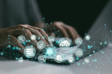 Fototapete - Change management in digital transformation, Customer service management, cloud computing, and smart industry are all examples of big data and business process strategy. Artificial intelligence (AI).