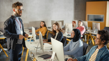 Poster - Teacher Giving Lesson to Diverse Multiethnic Group of Female and Male Students in College Room, Learning New Academic Skills on a Computer. Lecturer Shares Knowledge with Smart Young Scholars.