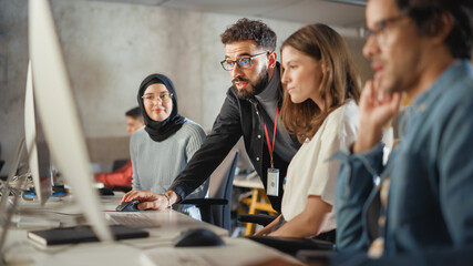 Poster - Lecturer Helps Scholar with Project, Advising on Their Work. Teacher Giving Lesson to Diverse Multiethnic Group of Female and Male Students in College Room, Teaching New Academic Skills on a Computer.