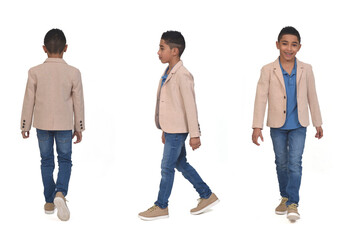 Wall Mural - rear, front and side view of boy with jeans and blazer walking on white background