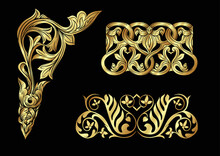 Interlacing Abstract Ornament In The Medieval, Romanesque Style. Gold Element For Design. Vector Illustration. Isolated On Black Background.