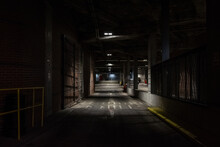 Underground Parking Scene - Gloomy Industrial Scene - Modern Painted Handrails - Old Concrete And Brick Structure - Vehicle Loading Bay