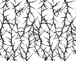 hand drawn vector seamless black and white pattern of tangled vertical briar patch with stems and th