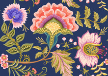 Fantasy Flowers In Retro, Vintage, Jacobean Embroidery Style. Seamless Pattern On Blue Denim Background. Vector Illustration.