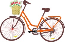 Vector Flat Illustration Of City Bike With Basket Of Flowers