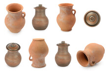 Set Of Varied Earthenware Jugs Isolated On White