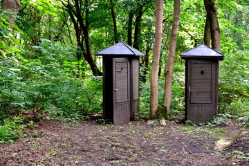 Wall Mural - A view of two wooden toilets for outdoor use spotted in the middle of a dense forest or moor with opened doors and angled roofs made out of tin seen on a sunny summer day in Poland